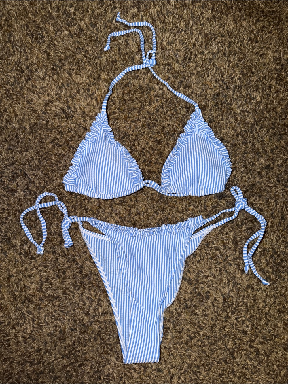 Blue Striped Womens Two- Piece Swim Set - Adjustable Tie Design